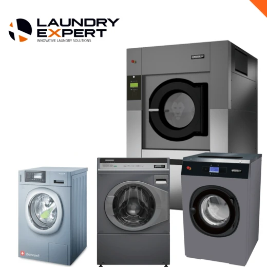 Laundry Expert-logo met een collage van professionele wasmachines en droogtrommels