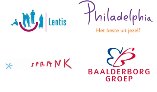 Logo's van zorginstellingen Lentis, Philadelphia, Sprank en Baalderborg Groep