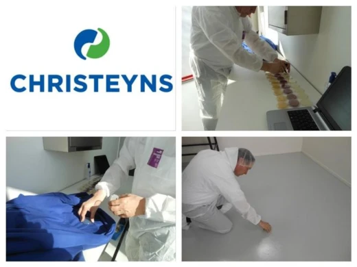 Fotocollage van kwaliteitstesten bij Christeyns: kleurstalen, textielcontrole en vloeronderzoek