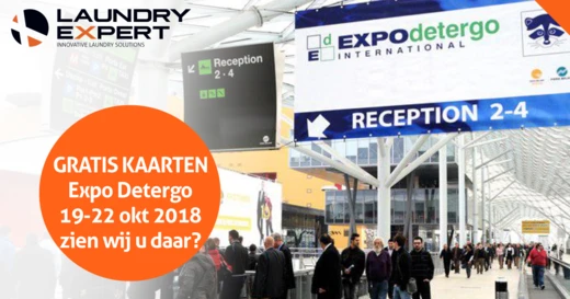 Bewegwijzering en bezoekers op de Expo Detergo-beurs met tekstoverlay