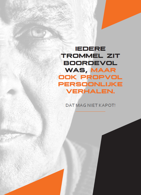 Close-up van een ouder gezicht met de tekst 'Iedere trommel zit boordevol was, maar ook propvol persoonlijke verhalen'