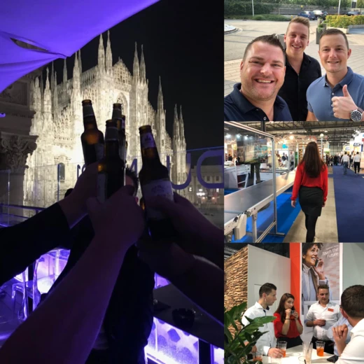 Collage beursbezoek Milaan: proosten bij de Duomo en groepsfoto's