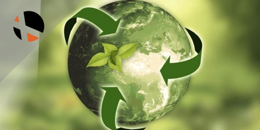 Groene wereldbol met recyclepijlen en een blaadje, symbool voor circulaire economie